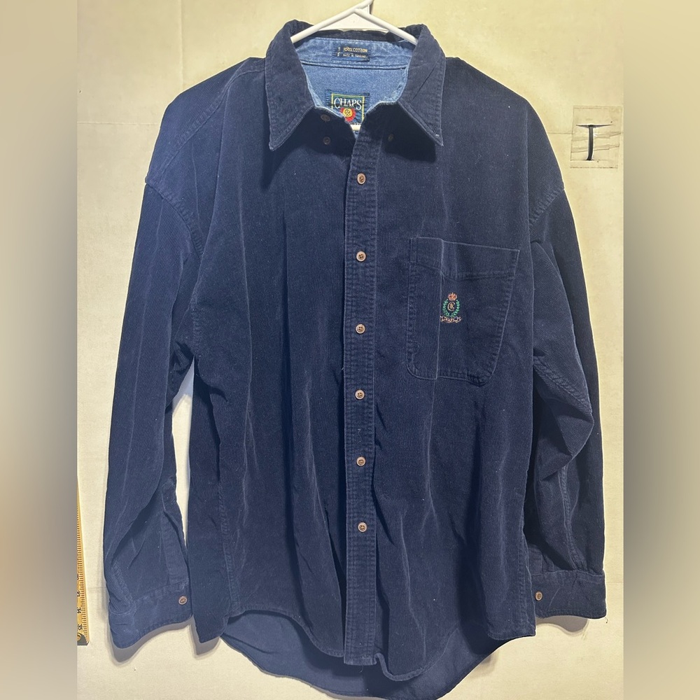Vtg Chaps Ralph Lauren Shirt Mens Large Blue Corduroy Embroidered Crest 90s Y2K